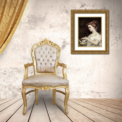 Woman With Jewels Gold Ornate Wood Framed Art Print with Double Matting by Courbet, Gustave