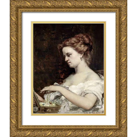 Woman With Jewels Gold Ornate Wood Framed Art Print with Double Matting by Courbet, Gustave