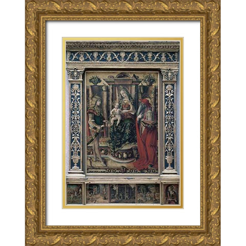 Madonna and Child With St. Jerome and St. Sebastian Gold Ornate Wood Framed Art Print with Double Matting by Crivelli, Carlo