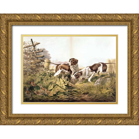 American Field Sports. On a Point. Gold Ornate Wood Framed Art Print with Double Matting by Currier and Ives