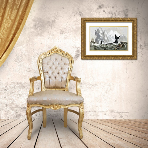 Capturing The Whale Gold Ornate Wood Framed Art Print with Double Matting by Currier and Ives