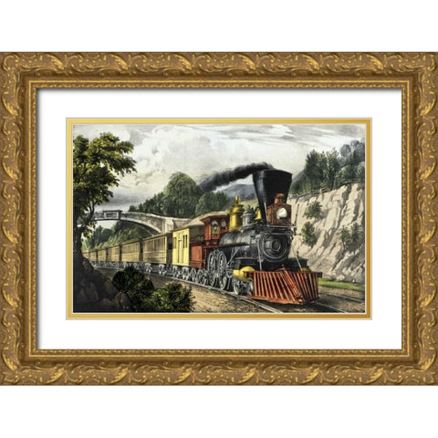 Express Train Gold Ornate Wood Framed Art Print with Double Matting by Currier and Ives