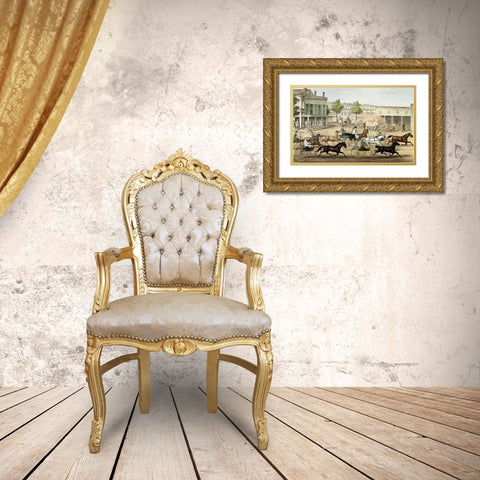 Going To The Trot Gold Ornate Wood Framed Art Print with Double Matting by Currier and Ives