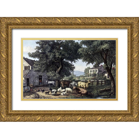 Old Homestead Gold Ornate Wood Framed Art Print with Double Matting by Currier and Ives