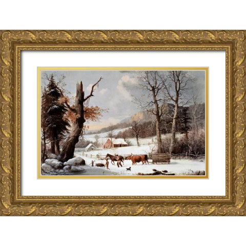 Winter In The Country - Homeward From The Wood-Lot Gold Ornate Wood Framed Art Print with Double Matting by Currier and Ives