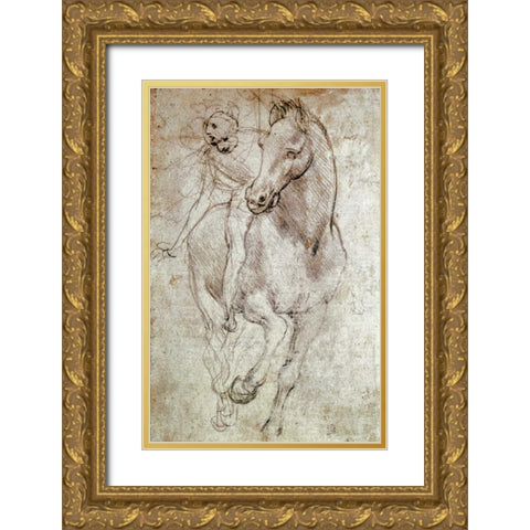 Horse and Rider Gold Ornate Wood Framed Art Print with Double Matting by Da Vinci, Leonardo