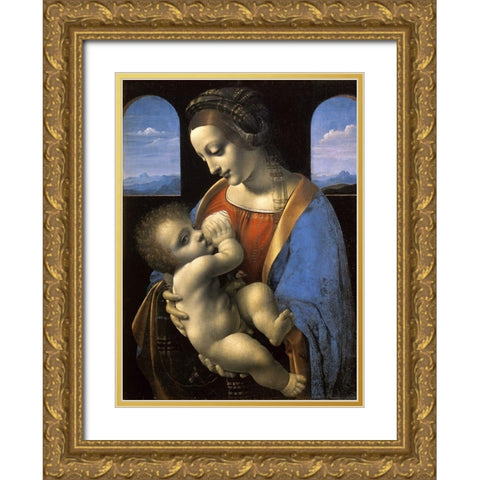 Madonna Litta Gold Ornate Wood Framed Art Print with Double Matting by Da Vinci, Leonardo