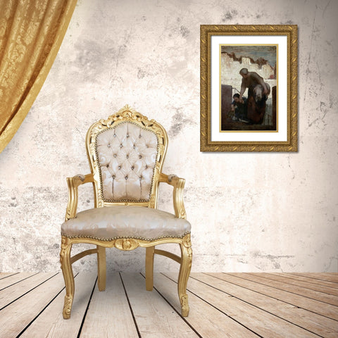 Laundress Gold Ornate Wood Framed Art Print with Double Matting by Daumier, Honore
