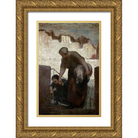 Laundress Gold Ornate Wood Framed Art Print with Double Matting by Daumier, Honore