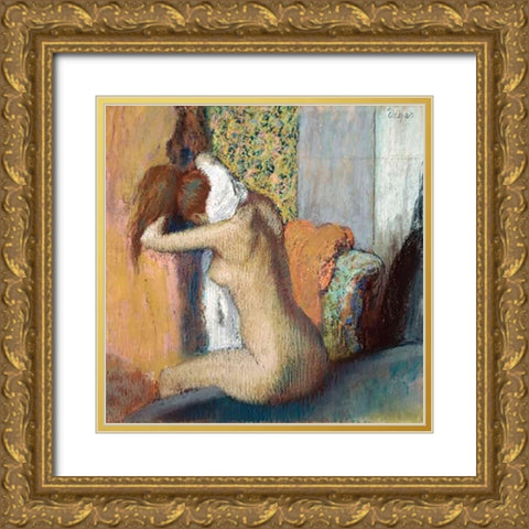 After the Bath Gold Ornate Wood Framed Art Print with Double Matting by Degas, Edgar