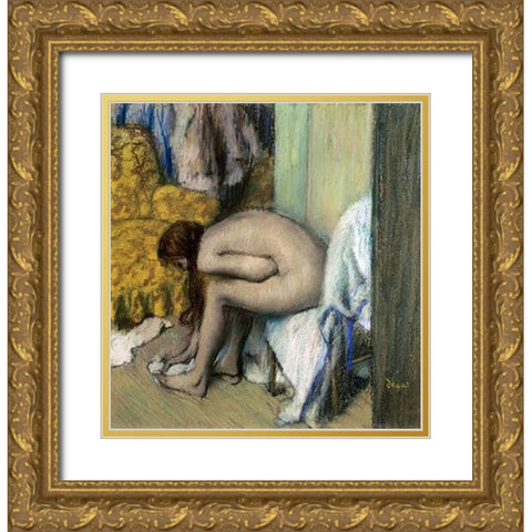 After the Bath, Woman Drying Her Feet, 1886 Gold Ornate Wood Framed Art Print with Double Matting by Degas, Edgar