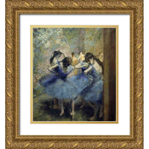 Blue Dancers Gold Ornate Wood Framed Art Print with Double Matting by Degas, Edgar