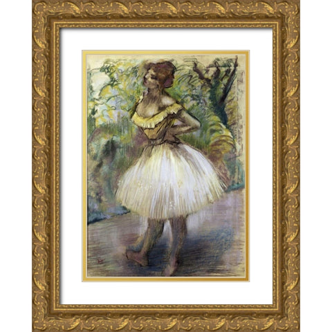 Dancer In Yellow Gold Ornate Wood Framed Art Print with Double Matting by Degas, Edgar