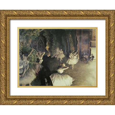 Rehearsal of the Ballet on Stage Gold Ornate Wood Framed Art Print with Double Matting by Degas, Edgar