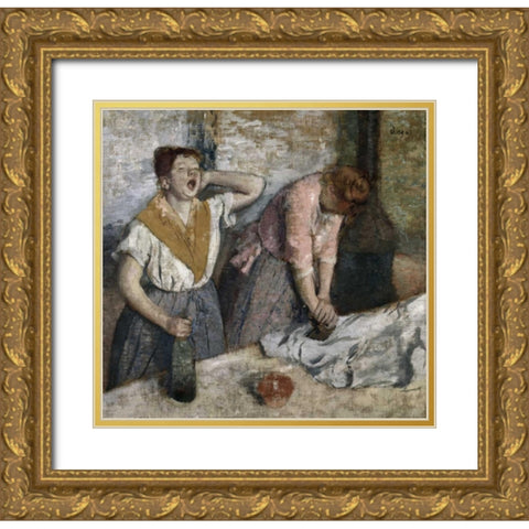 The Ironers Gold Ornate Wood Framed Art Print with Double Matting by Degas, Edgar