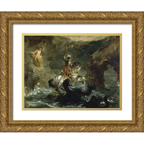 St. George Fighting the Dragon Gold Ornate Wood Framed Art Print with Double Matting by Delacroix, Eugene