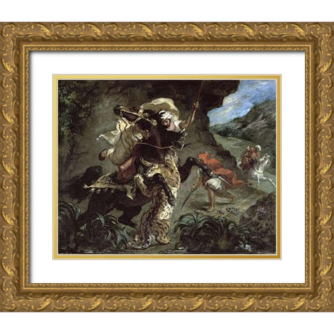 Tiger Hunt Gold Ornate Wood Framed Art Print with Double Matting by Delacroix, Eugene