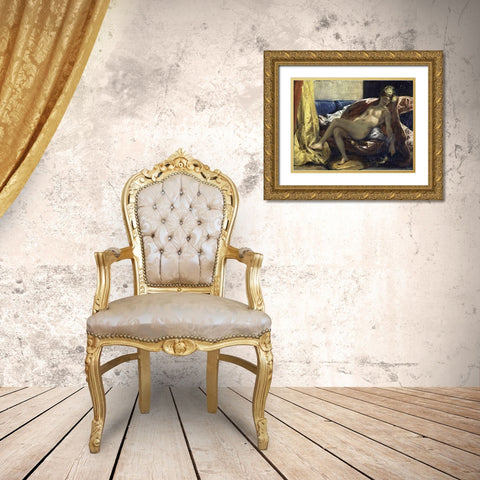 Woman Caressing a Parrot Gold Ornate Wood Framed Art Print with Double Matting by Delacroix, Eugene