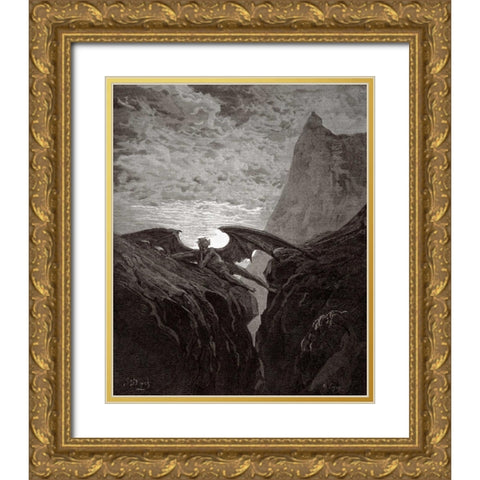 Satan Resting On The Mountain - from Miltons Paradise Lost Gold Ornate Wood Framed Art Print with Double Matting by Dore, Gustave