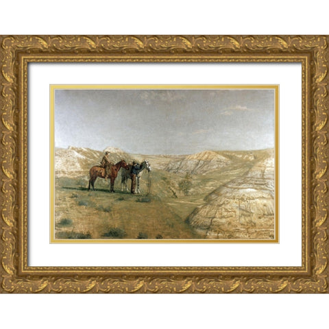 Cowboys In The Badlands Gold Ornate Wood Framed Art Print with Double Matting by Eakins, Thomas