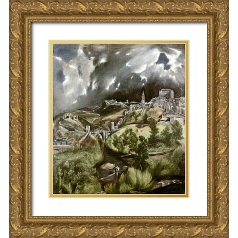 View of Toledo Gold Ornate Wood Framed Art Print with Double Matting by El Greco