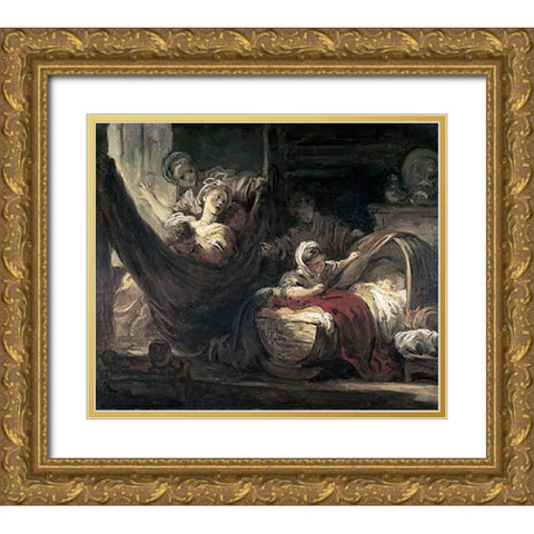 Cradle Gold Ornate Wood Framed Art Print with Double Matting by Fragonard, Jean Honore