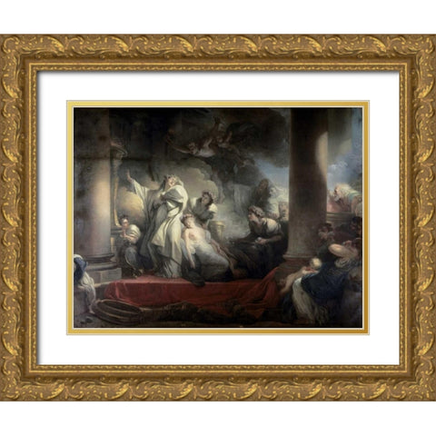 High Priest Coresus Sacrifices Himself To Save Callirhoe Gold Ornate Wood Framed Art Print with Double Matting by Fragonard, Jean Honore