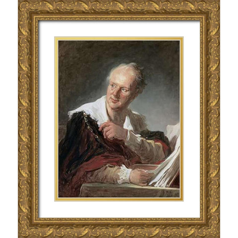 Portrait of Diderot Gold Ornate Wood Framed Art Print with Double Matting by Fragonard, Jean Honore