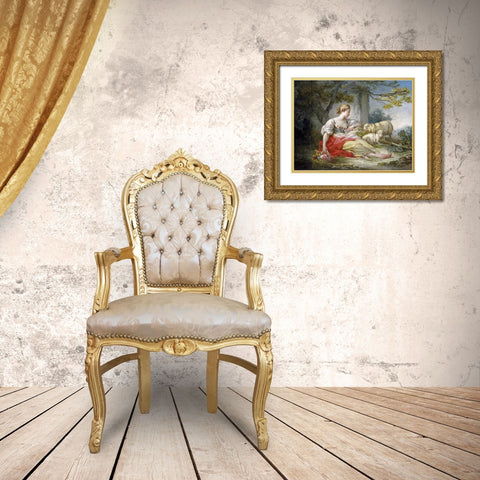 Shepherdess Seated with Sheep and a Basket of Flowers Near a Ruin in a Wooded Landscape Gold Ornate Wood Framed Art Print with Double Matting by Fragonard, Jean Honore