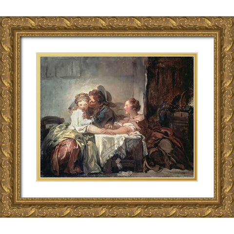The Captured Kiss Gold Ornate Wood Framed Art Print with Double Matting by Fragonard, Jean Honore