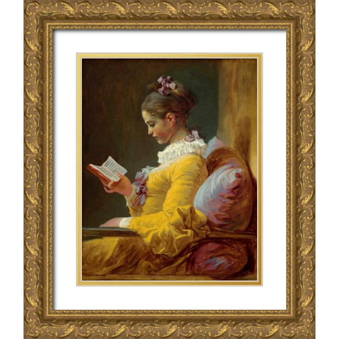 Young Girl Reading Gold Ornate Wood Framed Art Print with Double Matting by Fragonard, Jean Honore
