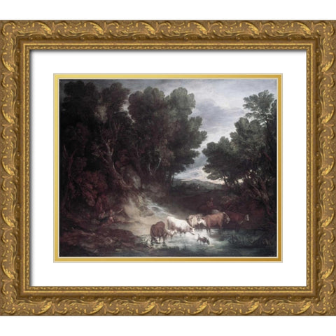 Watering Place Gold Ornate Wood Framed Art Print with Double Matting by Gainsborough, Thomas