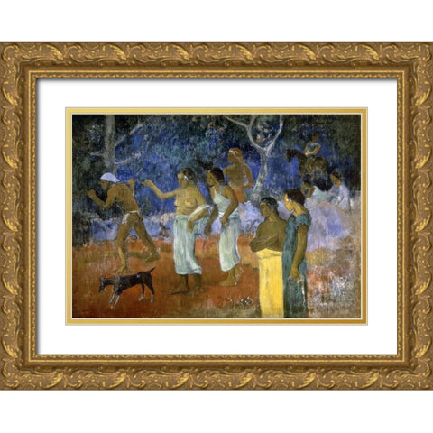 A Scene From a Tahitians Life Gold Ornate Wood Framed Art Print with Double Matting by Gauguin, Paul