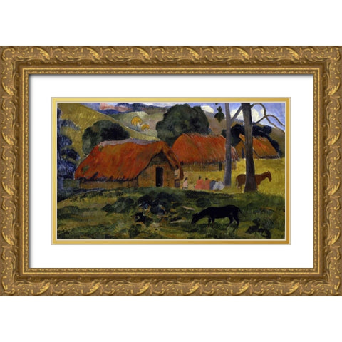 Dog Canine in front of the Hut - Le Chien Devant la Hutte Gold Ornate Wood Framed Art Print with Double Matting by Gauguin, Paul