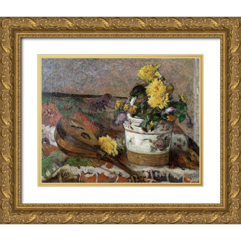 Mandolin and Vase of Flowers Gold Ornate Wood Framed Art Print with Double Matting by Gauguin, Paul
