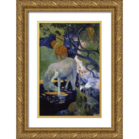 The White Horse - Le Cheval Blanc Gold Ornate Wood Framed Art Print with Double Matting by Gauguin, Paul