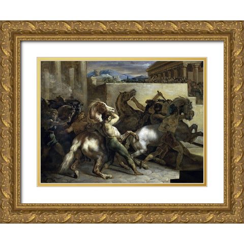 Run of The Wild Horses In Rome Gold Ornate Wood Framed Art Print with Double Matting by Gericault, Theodore