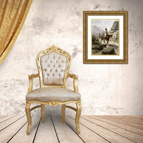 Indian On Horseback Gold Ornate Wood Framed Art Print with Double Matting by Hansen, Herman Wendelborg
