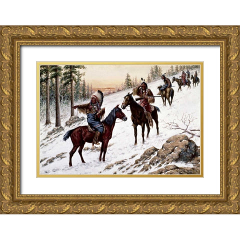 Indians On The Trail Gold Ornate Wood Framed Art Print with Double Matting by Hauser, John