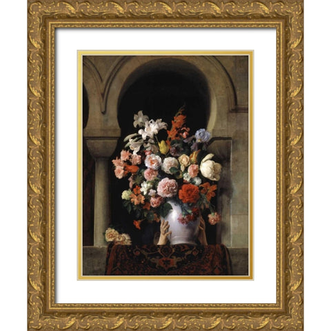 Vase of Flowers In The Window Gold Ornate Wood Framed Art Print with Double Matting by Hayez, Francesco