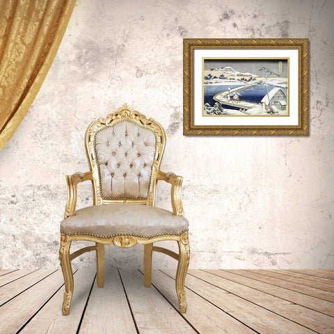 Pontoon Bridge at Sano, Kozuke Province, Ancient View Gold Ornate Wood Framed Art Print with Double Matting by Hokusai