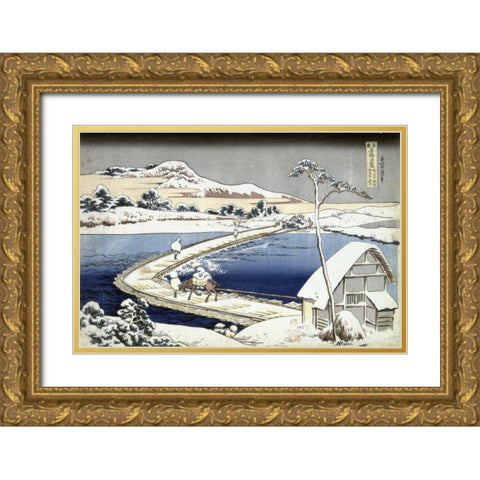 Pontoon Bridge at Sano, Kozuke Province, Ancient View Gold Ornate Wood Framed Art Print with Double Matting by Hokusai