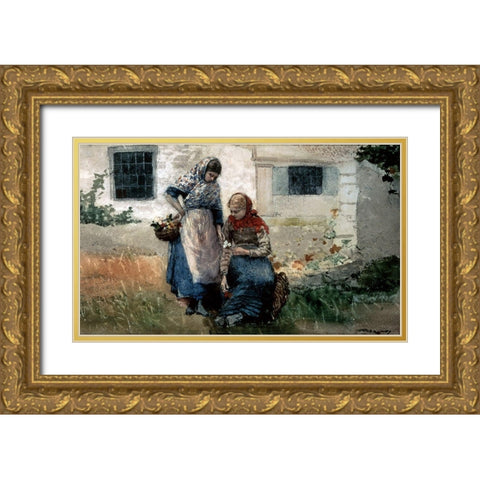 Picking Flowers Gold Ornate Wood Framed Art Print with Double Matting by Homer, Winslow
