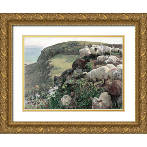 Our English Coasts - Strayed Sheep Gold Ornate Wood Framed Art Print with Double Matting by Hunt, William Holman