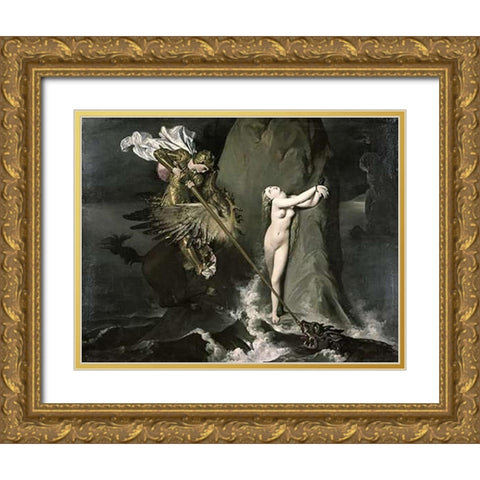 Angelica Saved by Ruggiero Gold Ornate Wood Framed Art Print with Double Matting by Ingres, Jean Auguste Dominique