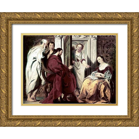 Jesus at The House of Mary and Martha Gold Ornate Wood Framed Art Print with Double Matting by Jordaens, Jacob