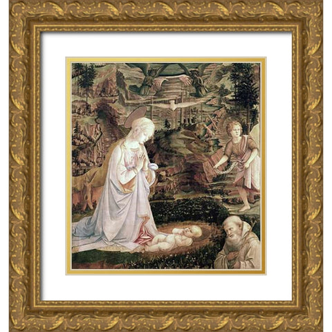 Madonna and Child With Angels Gold Ornate Wood Framed Art Print with Double Matting by Lippi, Filippo