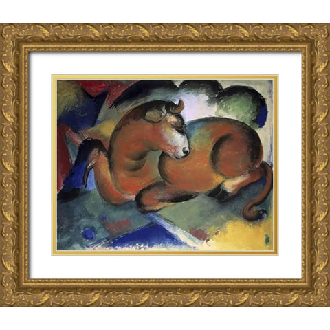 A Red Bull Gold Ornate Wood Framed Art Print with Double Matting by Marc, Franz