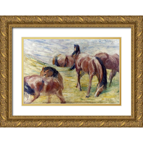 Horses Out To Pasture Gold Ornate Wood Framed Art Print with Double Matting by Marc, Franz