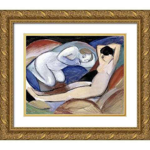 Zwei Liegende Akte Gold Ornate Wood Framed Art Print with Double Matting by Marc, Franz